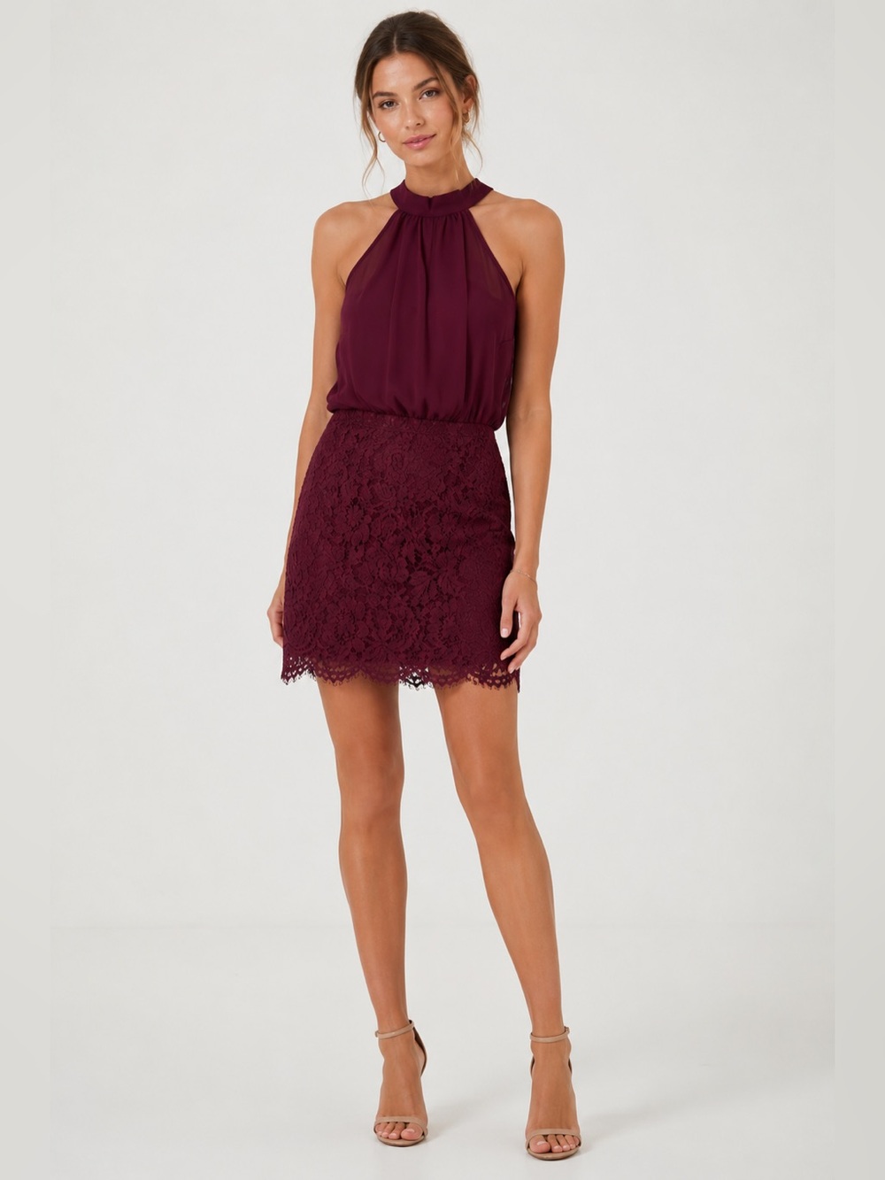 re:named Maroon Halter Neck Lined Lace Mini Cocktail Dress Size M